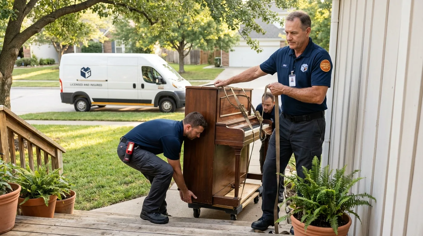 Licensed piano movers securing grand piano in Battle Ground, IN