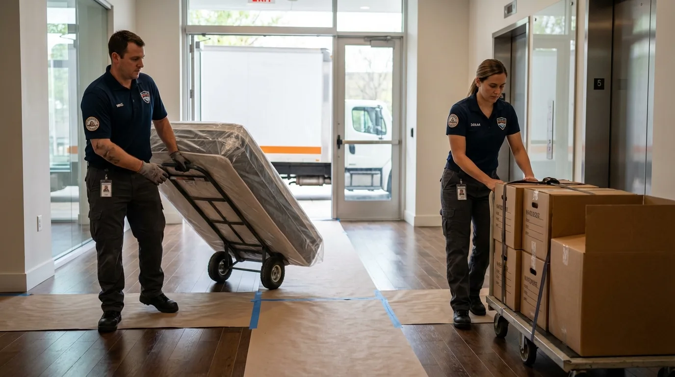 Professional apartment movers loading elevator in Battle Ground, IN